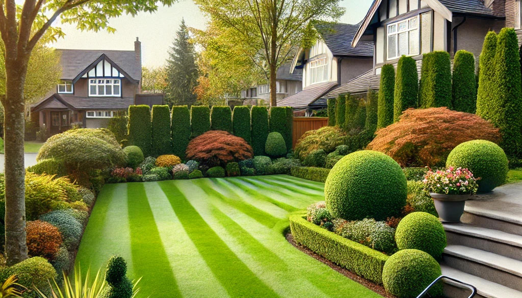 A well-maintained yard in St. Louis, MO, with neatly trimmed hedges, clean flower beds, and a freshly mowed lawn, showcasing year-round seasonal maintenance.