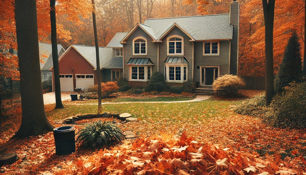 A residential yard in St. Louis, MO, covered with a lot of orange leaves scattered across the lawn. The scene captures the essence of fall, with trees in the background and a yard in need of seasonal cleanup.