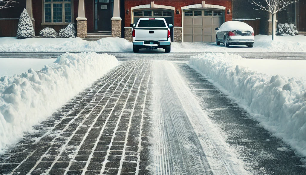 A residential driveway in St. Louis, MO, completely free of snow and ice, showing a clean and clear path from the street to the house. The scene emphasizes effective snow and ice removal, ensuring the driveway is entirely snow-free.