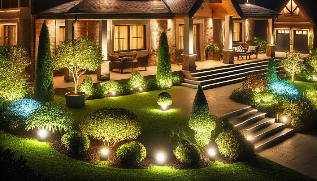 A house and yard in St. Louis, MO, illuminated by an outdoor LED lighting system, highlighting the architecture and landscape. The lights add beauty and an extra layer of safety and security at night.