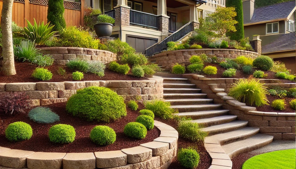 A beautifully landscaped yard in St. Louis, MO, with a custom retaining wall designed to prevent soil erosion, elevate landscape beds, and level out an otherwise unusable area of the yard.