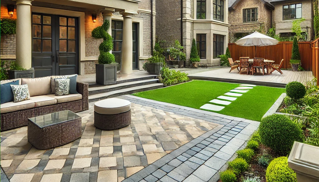 A well-designed backyard in St. Louis, MO, featuring a spacious patio made from brick pavers and a walkway made from natural stone, extending the outdoor living space beautifully.