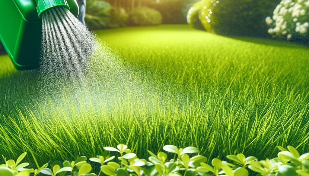 A lush green lawn in St. Louis, MO, being treated with a fertilization and weed control program. The grass looks healthy and vibrant, showing the results of a thorough 7-step program.